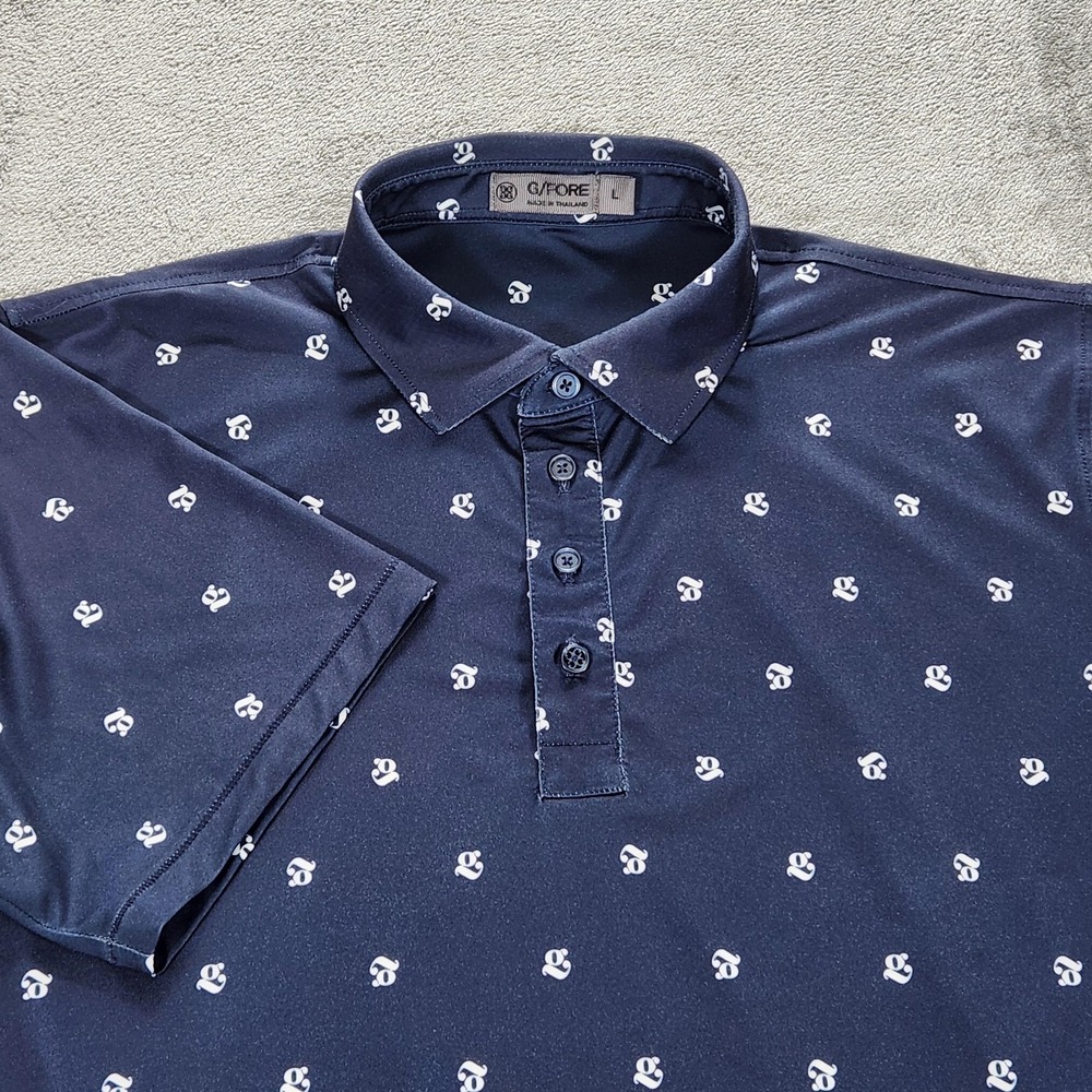 G/FORE Polo Shirt Mens Large Blue Logo Print Golf Performance Jersey Stretch